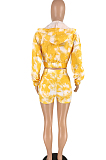 Yellow Cotton Blend Pinting Long Sleeve Zipper Hoodie Shorts Sports Sets YYZ862