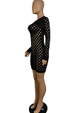 Black Autumn And Winter New Hollow Out Long Sleeve Zipper Pure Colur Hip Mini Dress E8609-2