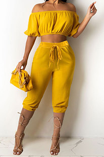 Yellow Euramerican Women Sexy Off Shoulder Dew Belly Blouse Pure Color Cropped Pants Sets AYQ0510-1