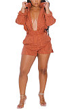Cyan Women Long Sleeve Strap Printing Shirt Shorts Sets AD0705-2