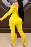 Yellow Sexy Long Sleeve A Word Shoulder Solid Color Bodycon Jumpsuits E8511-1