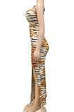 Brown Leopard Fashion Digital Printing Strapless Bandage Hollow Out Split Long Dress XZ5236-1