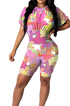 Colorful Cute Stars Printing Collect Waist Round Neck Short Sleeve Tight Shorts Two-Piece HMR6020-2