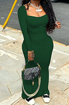 Blackish Green Elastic Solid Color Square Neck Long Sleeve Ruffle Bodycon Dress YYF8237-3