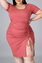 Watermelon Red Plus Size Ribber Short Sleeve Round Collar Drawsting Midi Dress QZ5288-3