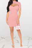 Pink Women Sexy Solid Color Condole Belt Dress Smock Two-Pieces Q776-2