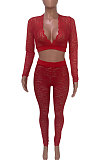 Red Women Sexy Lace Long Sleeve V Neck Long Pants Sets Q771-1