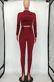 Wine Red Ruffle Drawsting Pure Color O Neck Long Sleeve Pencil Pants Slim Fitting Sports Sets SMD82079-1