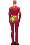 Rose Red Cotton Blend Splash-Ink Printing Long Sleeve Stand Collar Zipper Long Pants Sports Sets ZQ9219-3