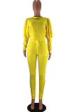 Yellow Casual Round Collar Puff Sleeve T-Shirt With Pocket Tied Pencil Pants Sports Sets SMD82078-3