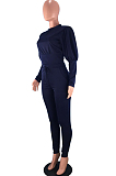 Navy Blue Casual Round Collar Puff Sleeve T-Shirt With Pocket Tied Pencil Pants Sports Sets SMD82078-4