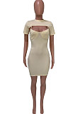 Apricot Women Sexy Solid Color Condole Belt Dress Smock Two-Pieces Q776-1