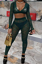 Green Women Sexy Lace Long Sleeve V Neck Long Pants Sets Q771-2