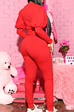 Red Casual Round Collar Puff Sleeve T-Shirt With Pocket Tied Pencil Pants Sports Sets SMD82078-1