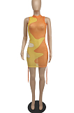 Orange Women Sexy Color Block Drawsting Sleeveless Bodycon Mini Dress SDE62110-1