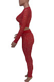 Red Women Sexy Lace Long Sleeve V Neck Long Pants Sets Q771-1