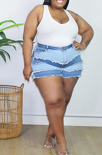 Blue Plus Size Tiered Spliced Casual Buttoned Jean Shorts QZ5289-1