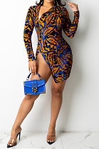 Brown Fashion Sexy High Waist Round Neck Women Printing Long Sleeve Zipper Mini Dress NYP1012