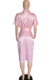 Pink Fashion Lapel Collar Short Sleeve Single-Breasted Bandage Ruffle Shirt Dress P8741-2