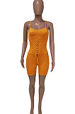 Orange Euramerican Women Pure Color Condole Belt Eyelet Bandage Sexy Romper Shorts Q774-2