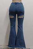 Light Blue Fashion Spliced Hole Water Washing Elastic Slim Fitting Jean Flare Pants SMR2551