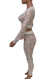 Gray White Women Sexy Lace Long Sleeve V Neck Long Pants Sets Q771-4