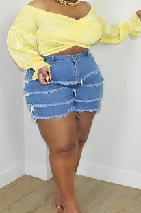 Dark Light Blue  Plus Size Tiered Spliced Casual Buttoned Jean Shorts QZ5289-2