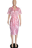 Pink Fashion Lapel Collar Short Sleeve Single-Breasted Bandage Ruffle Shirt Dress P8741-2