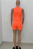 Orange Red Cotton Blend Sleeveless Round Neck Crop Top Shorts Casual Sets ZQ8113-3