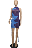 Blue Women Club Color Block Drawsting Sleeveless Slim Fitting Mini Dress SDE62110-3