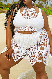 White Plus Size Hollow Out Hook Flower Halter Neck Backless Bikini Beach Swinwear Sets QZ5290-1