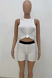 White Cotton Blend Sleeveless Round Neck Crop Top Shorts Casual Sets ZQ8113-1
