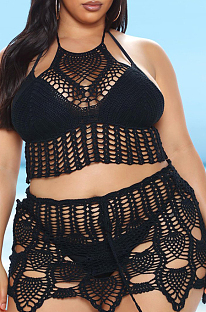 Black Plus Size Hollow Out Hook Flower Halter Neck Backless Bikini Beach Swinwear Sets QZ5290-2