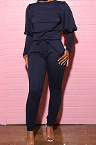 Navy Blue Casual Round Collar Puff Sleeve T-Shirt With Pocket Tied Pencil Pants Sports Sets SMD82078-4