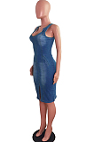 Light Blue Elastic V Neck Sleeveless Zipper Slim Fitting Jean Hip Slit Dress JLX6901