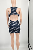 Black Digital Letter Printing Sleeveless U Neck Slim Fitting Tank Hip Mini Dress OQ016 