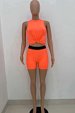 Orange Red Cotton Blend Sleeveless Round Neck Crop Top Shorts Casual Sets ZQ8113-3
