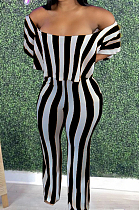 Black Stripe Print Flounce A Word Shoulder Casual Wide Leg Jumpsuits ZNN9102-2