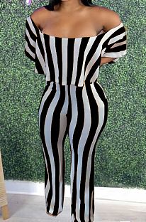 Black Stripe Print Flounce A Word Shoulder Casual Wide Leg Jumpsuits ZNN9102-2