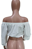 White A Word Shoulder Puff Sleeve Solid Color Casual Blouse BBN187-2