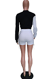 Red Spliced Eyelet Bandage Long Sleeve O Collar Blouse Shorts Two-Piece BBN188-1