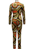 Orange Cotton Bledn Digital Printing Long Sleeve Deep V Collar Bodycon Jumpsuits SMR10285-4