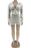 Grey Cotton Blend Long Sleeve Hoodie V Neck Whit Pocket Shorts Solid Colou Sports Sets ZNN9100-1
