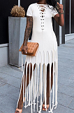 White Cotton Blend Eyelet Drawstring Short Sleeve Tassel Solid Colur T Shirt Dress SZS8057-2