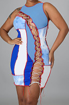 Light Blue Women Trendy Sexy Color Block Spliced Hollow Out Bandage Mini Dress LYY9298
