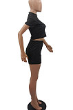 Black Women Short Sleeve Zipper Pure Color Casual Fashion Shorts Sets GB1009-1