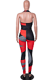 Rose Red Digital Printing Spliced Halter Neck Deep V Collar Sleeveless Bowknot Sexy Bodycon Jumpsuits SZS8025-2