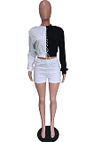 Red Spliced Eyelet Bandage Long Sleeve O Collar Blouse Shorts Two-Piece BBN188-1