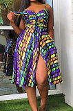 Light Green Summer Fashion Colorful Printing Loose Strapless Condoel Belt Dress HYY8072-2