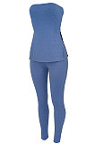 Blue Women Pure Color Strapless Blouse Split Pants Sets BYQ1002